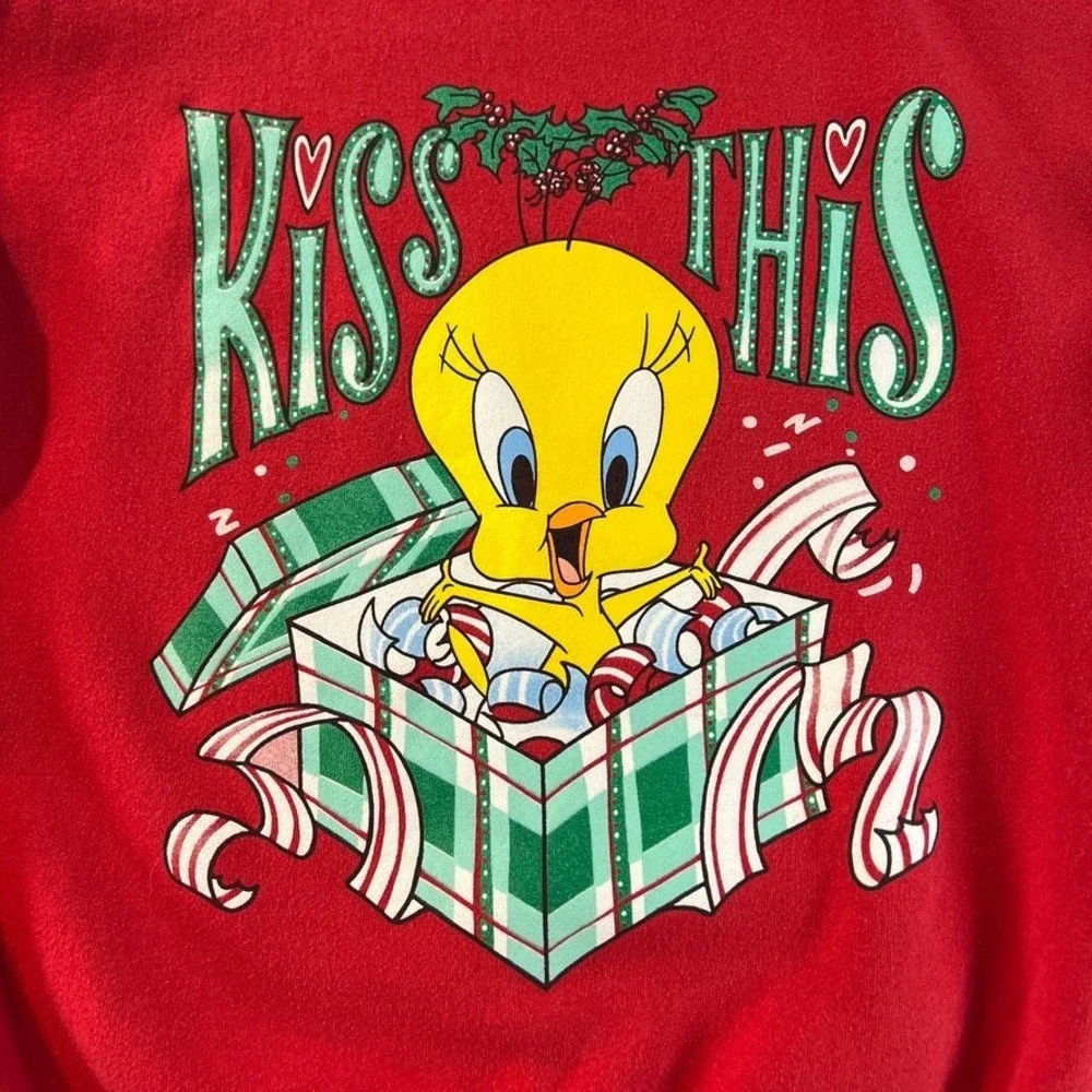 VTG 1997 Looney Tunes Tweety Kiss This Christmas Sweatshirt Red Large Warner Bro